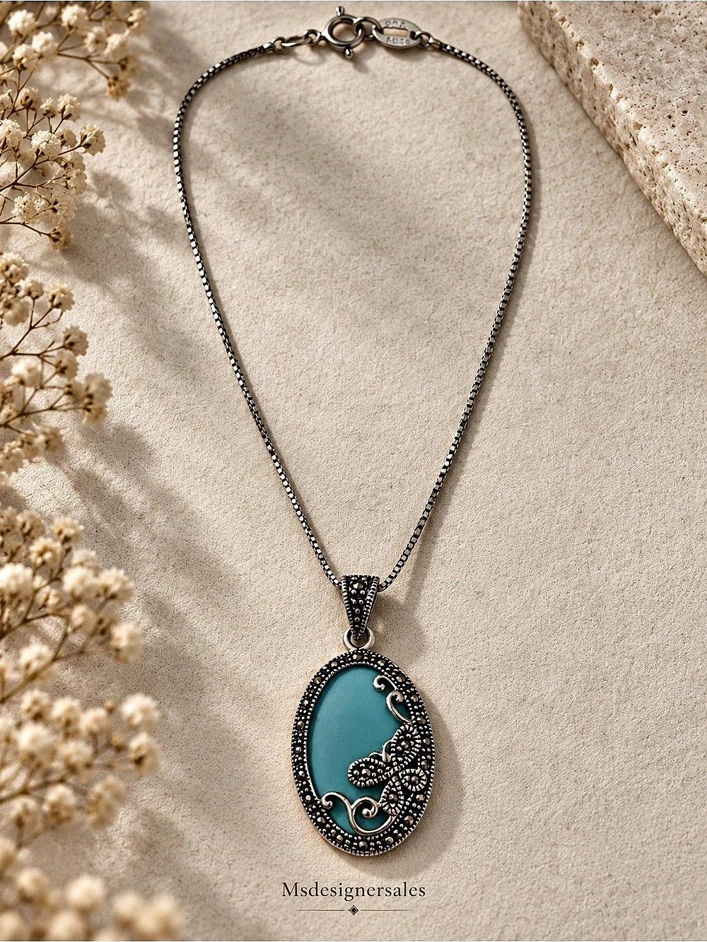 Oval Turquoise Pendant Necklace Silver
